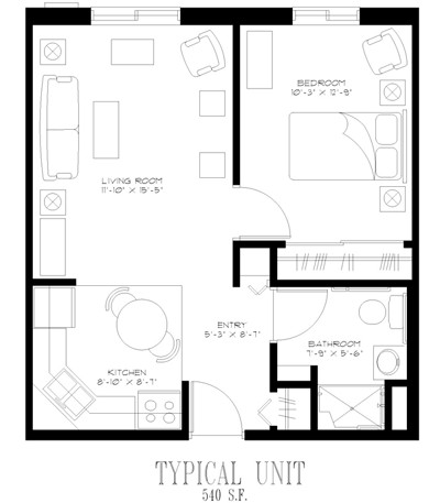 Apartment blueprints of a unit in the Appletree Court facility