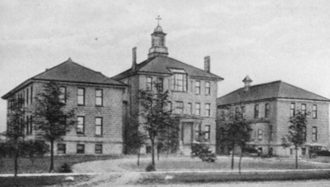black and white, old photo showing St. Francis Hospital in early 1900s